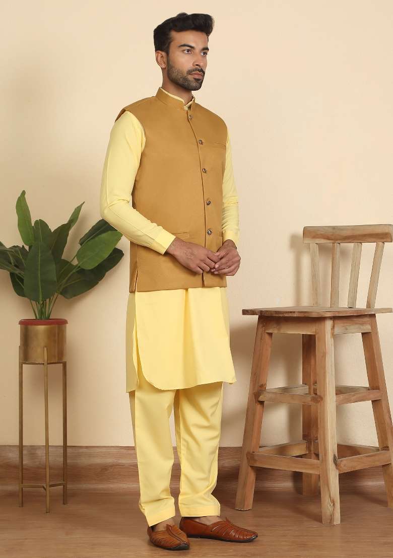 Yellow And Mustard Solid Cotton Nehru Jacket Set For Men - Indya