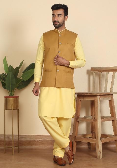 Yellow And Mustard Solid Cotton Nehru Jacket Set For Men