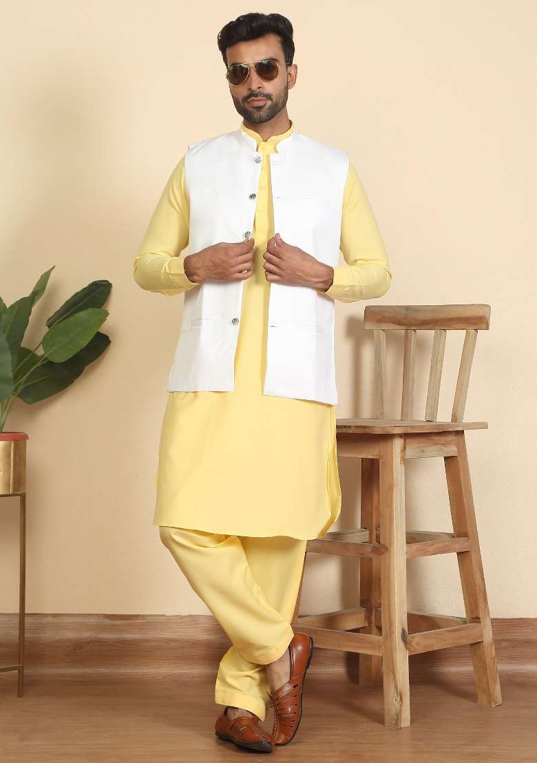 Yellow And White Solid Cotton Nehru Jacket Set For Men - Indya