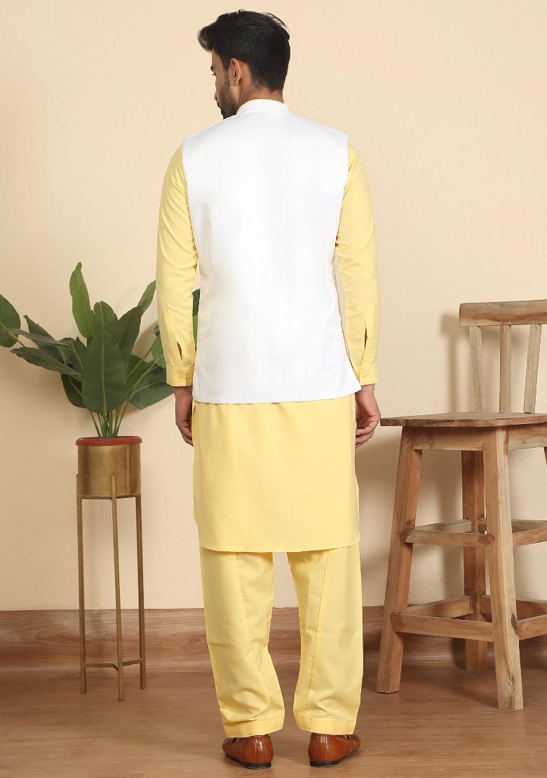 Yellow And White Solid Cotton Nehru Jacket Set For Men - Indya