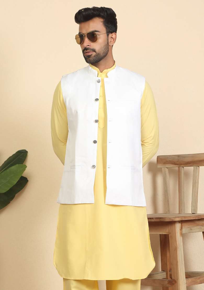Yellow And White Solid Cotton Nehru Jacket Set For Men - Indya