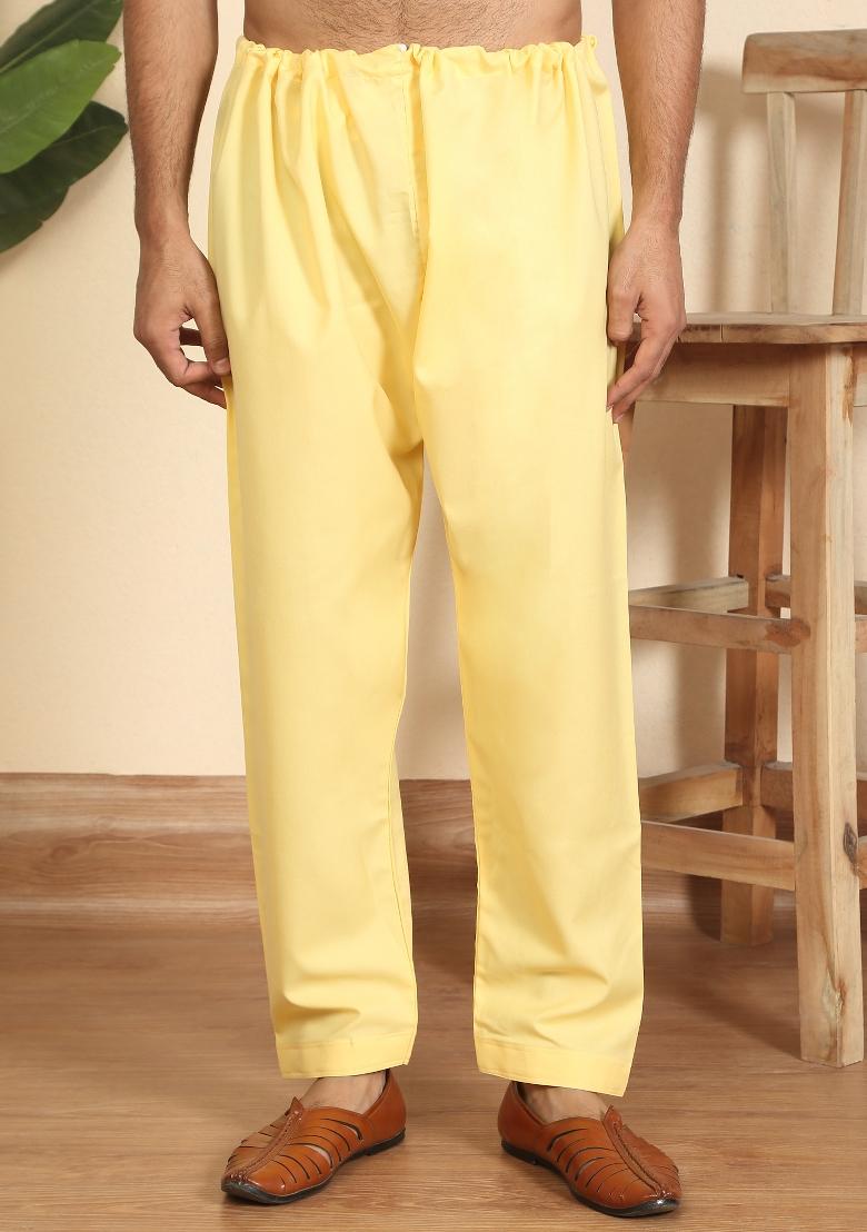 Yellow And White Solid Cotton Nehru Jacket Set For Men - Indya