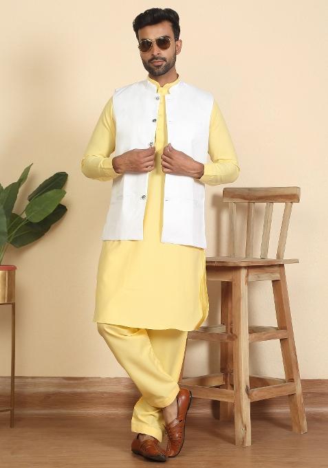Yellow And White Solid Cotton Nehru Jacket Set For Men