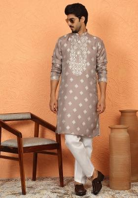 Beige Embroidered Silk Blend Kurta Set For Men