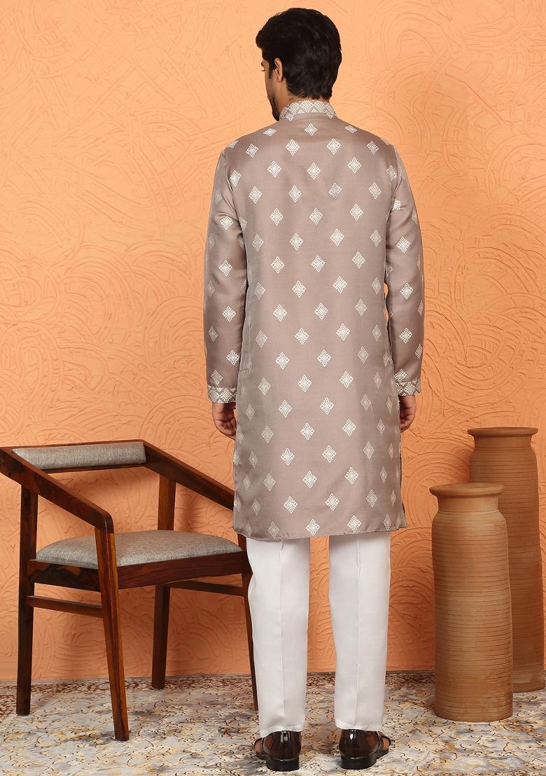 Beige Embroidered Silk Blend Kurta Set For Men - Indya
