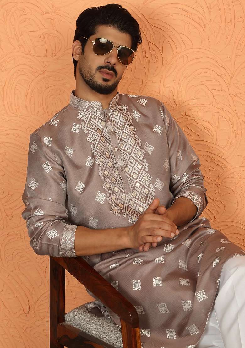 Beige Embroidered Silk Blend Kurta Set For Men - Indya