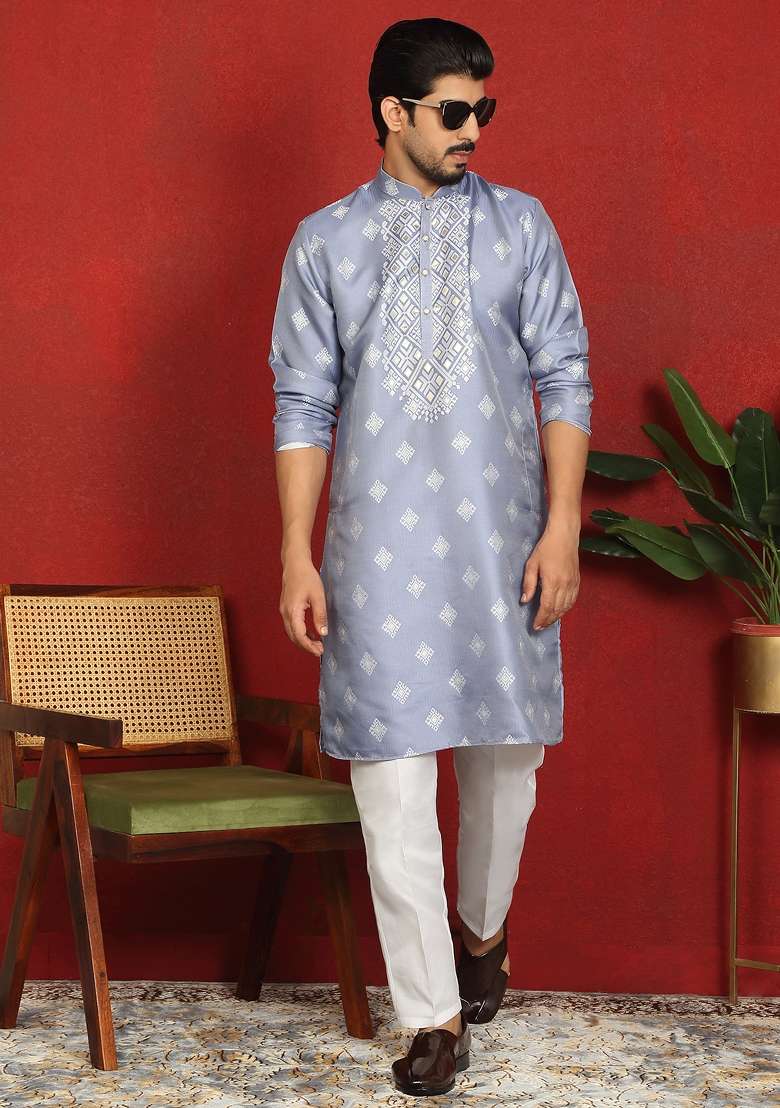 Blue Embroidered Silk Blend Kurta Set For Men - Indya