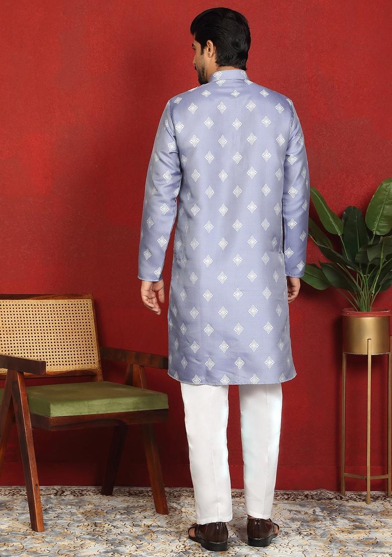 Blue Embroidered Silk Blend Kurta Set For Men - Indya