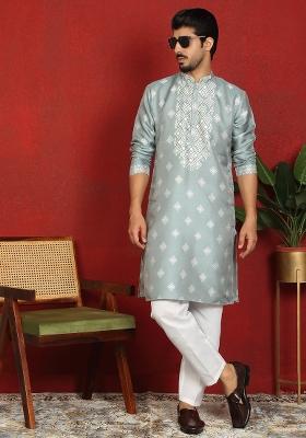 Green Embroidered Silk Blend Kurta Set For Men