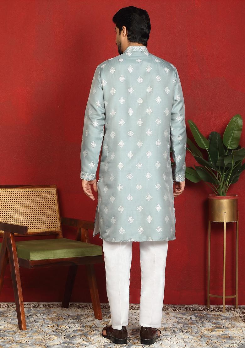 Green Embroidered Silk Blend Kurta Set For Men - Indya