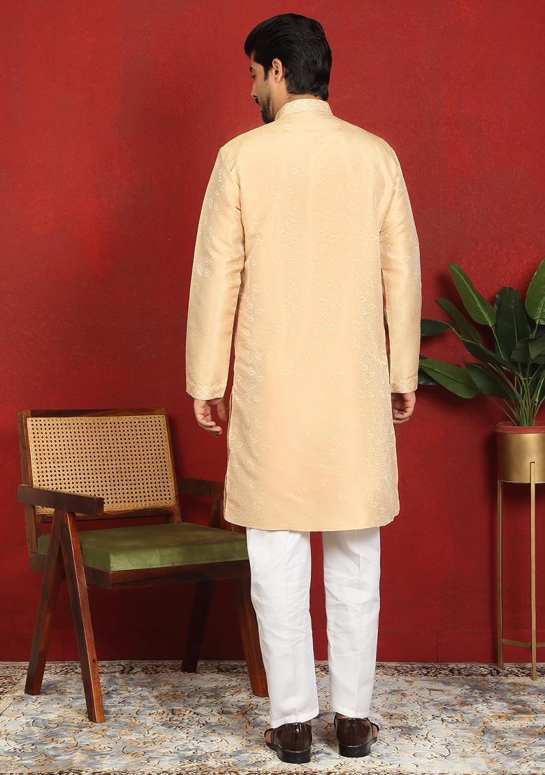 Beige Embroidered Silk Blend Kurta Set For Men - Indya