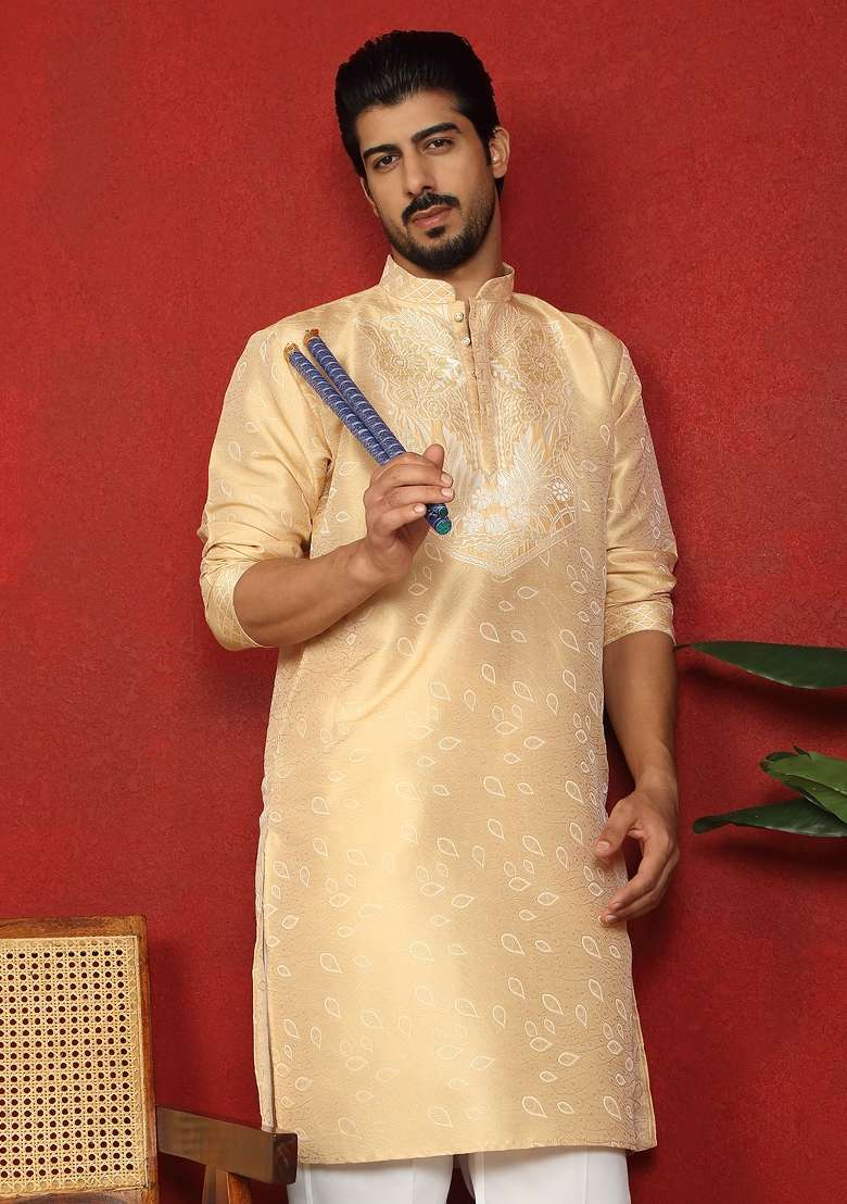 Beige Embroidered Silk Blend Kurta Set For Men - Indya