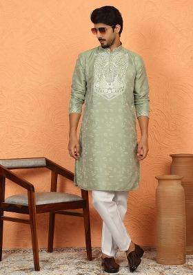 Green Embroidered Silk Blend Kurta Set For Men
