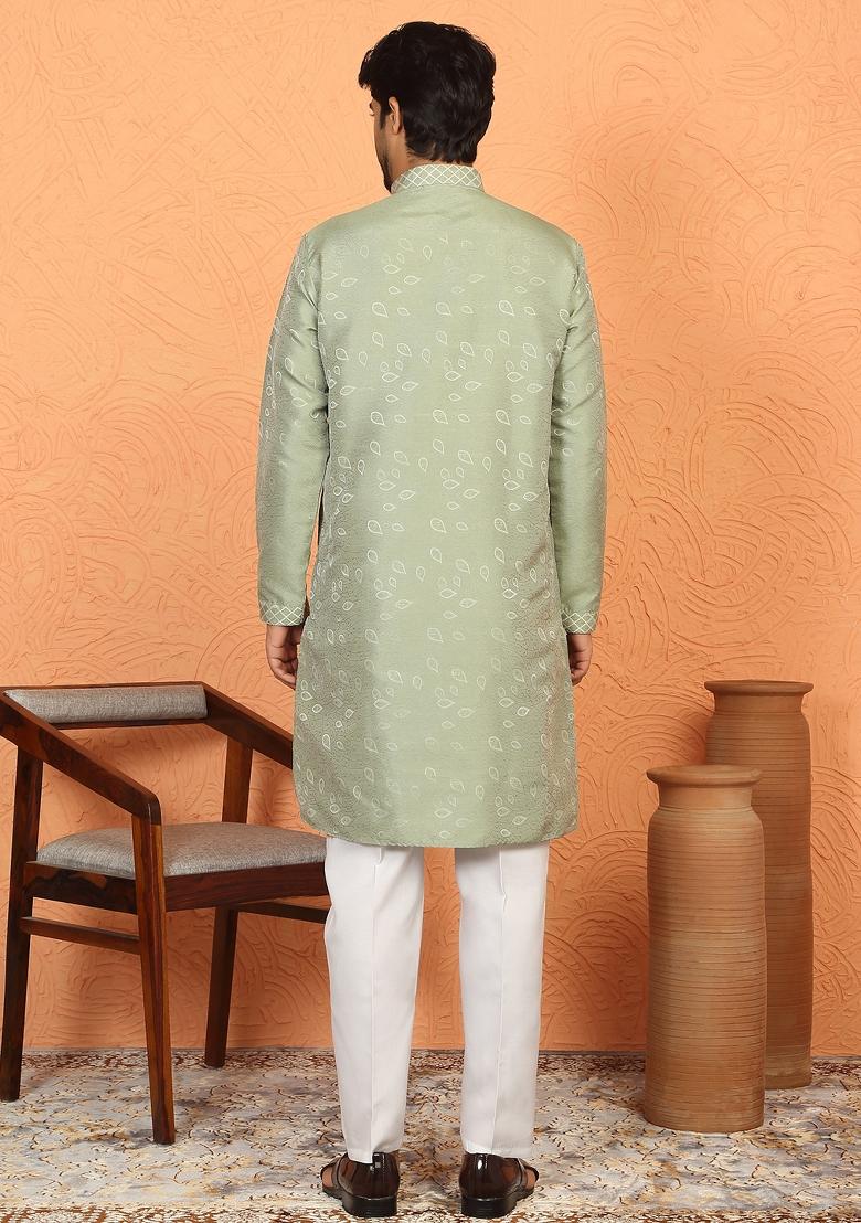 Green Embroidered Silk Blend Kurta Set For Men - Indya