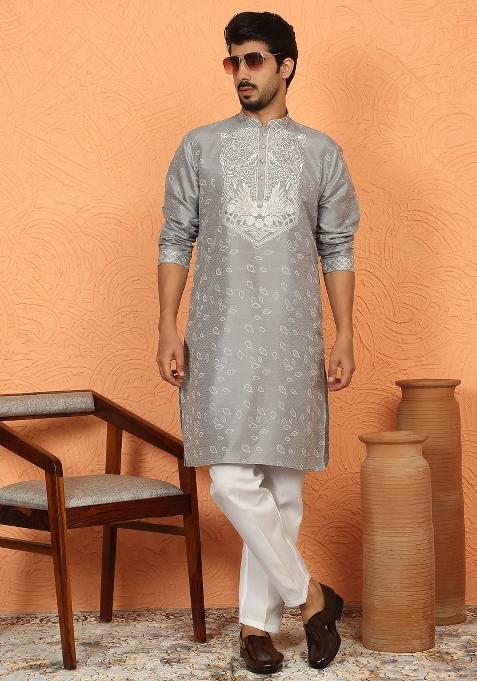 Grey Embroidered Silk Kurta Set For Men