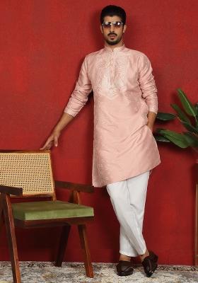 Pink Embroidered Silk Blend Kurta Set For Men