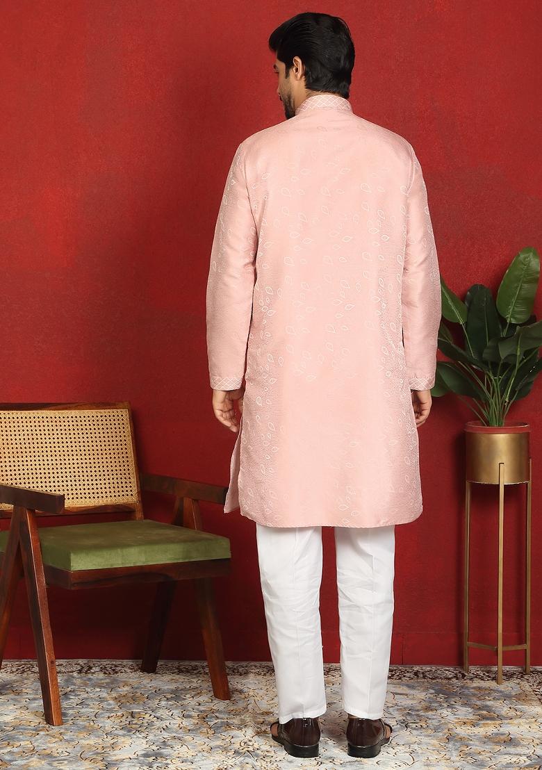 Pink Embroidered Silk Blend Kurta Set For Men - Indya