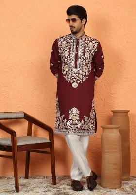 Maroon Embroidered Cotton Kurta Set For Men