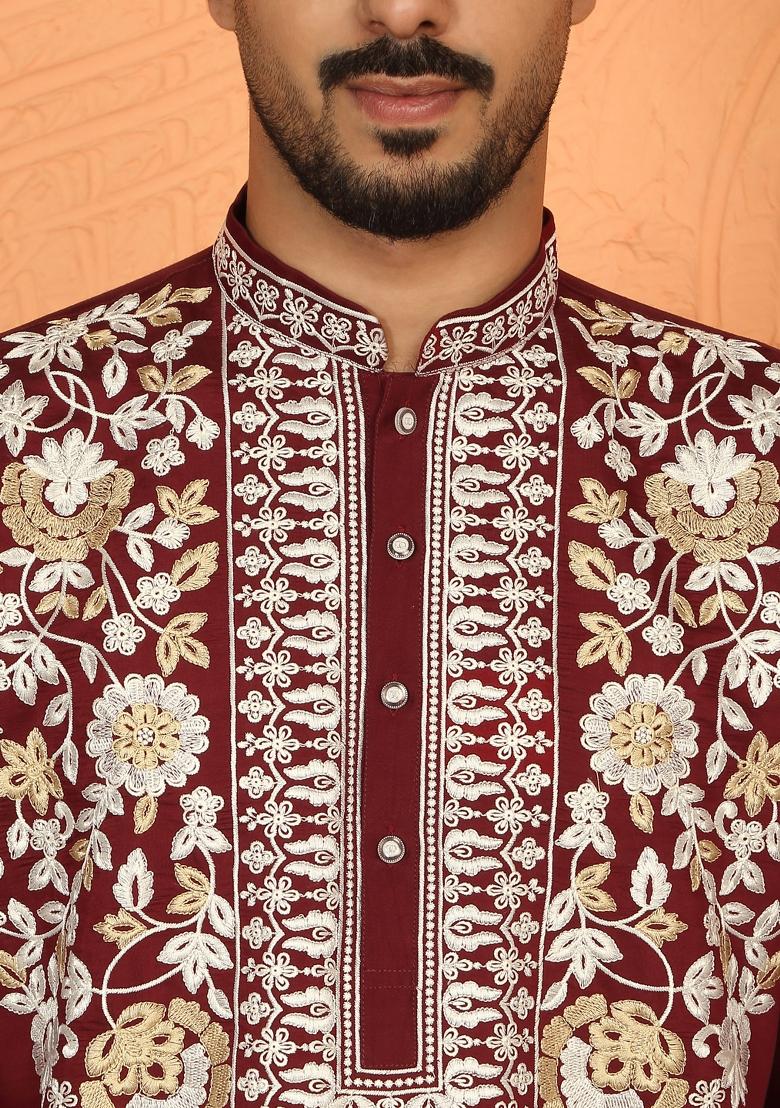 Maroon Embroidered Cotton Kurta Set For Men - Indya