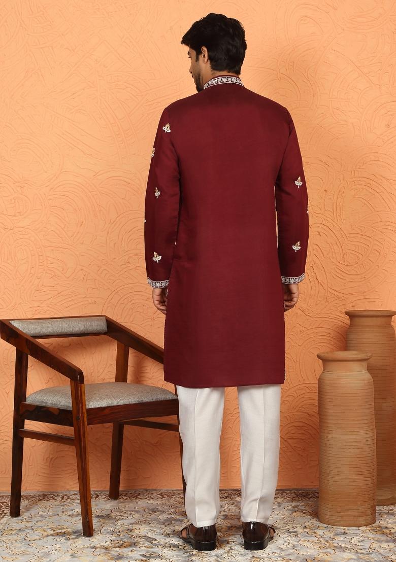 Maroon Embroidered Cotton Kurta Set For Men - Indya