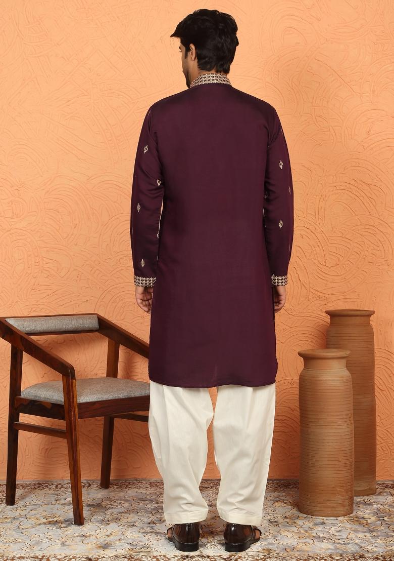 Wine Yoke Design Cotton Kurta Set For Men - Indya