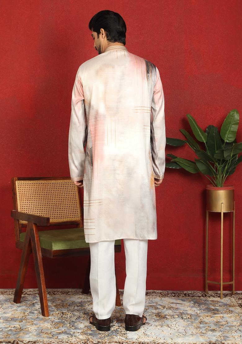 Beige Embroidered Cotton Kurta Set For Men - Indya