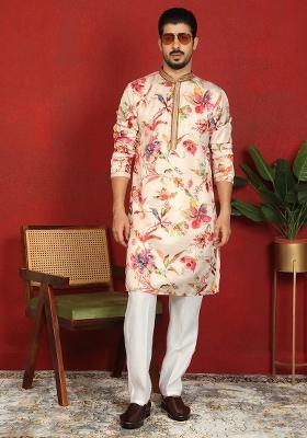 Cream Embroidered Cotton Kurta Set For Men