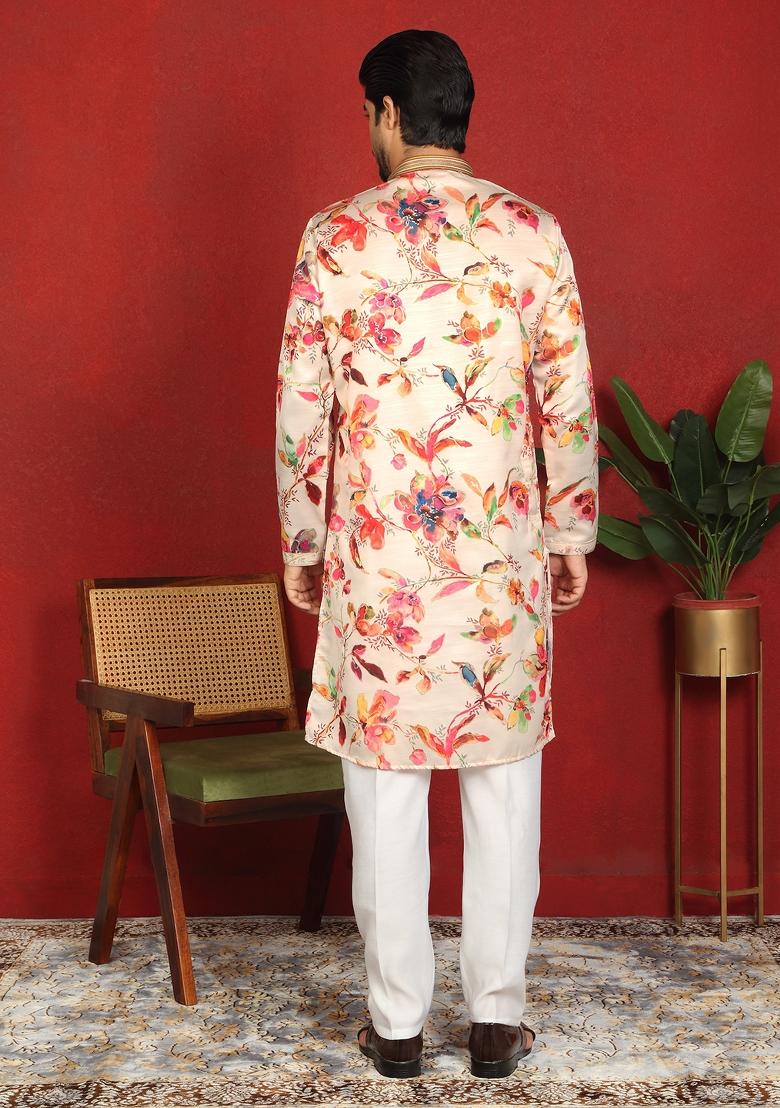 Cream Embroidered Cotton Kurta Set For Men - Indya