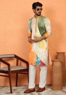 Green Embroidered Cotton Kurta Set For Men