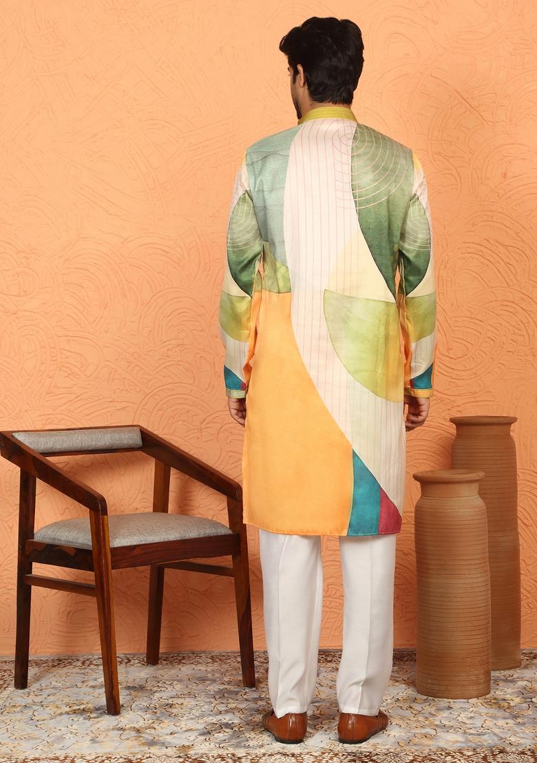 Green Embroidered Cotton Kurta Set For Men - Indya