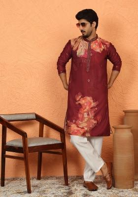 Maroon Embroidered Cotton Kurta Set For Men
