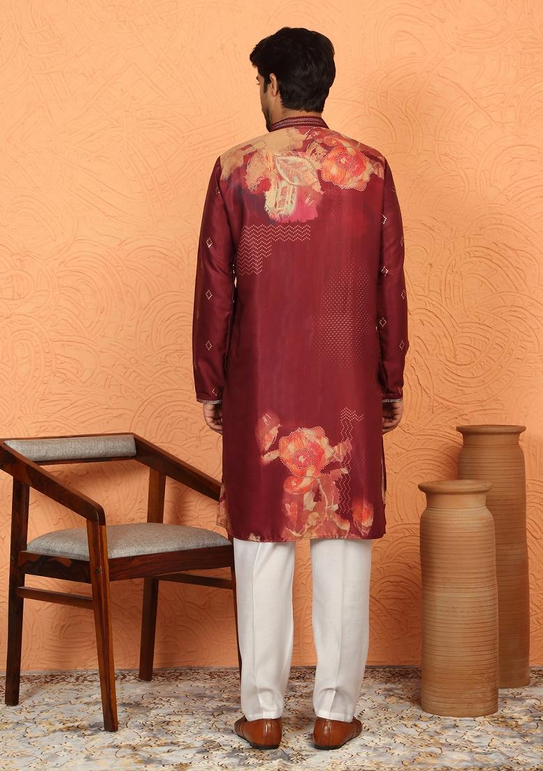 Maroon Embroidered Cotton Kurta Set For Men - Indya