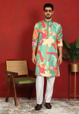 Multicolor Embroidered Cotton Kurta Set For Men
