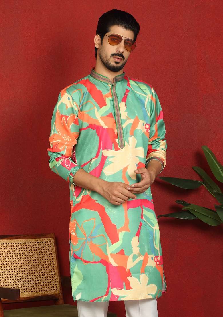 Multicolor Embroidered Cotton Kurta Set For Men - Indya