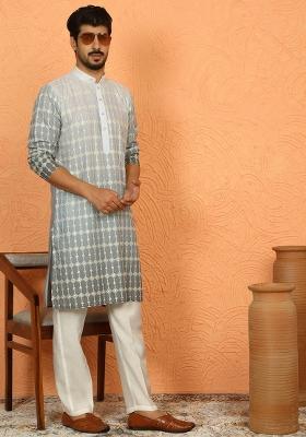 Green Embroidered Cotton Kurta Set For Men