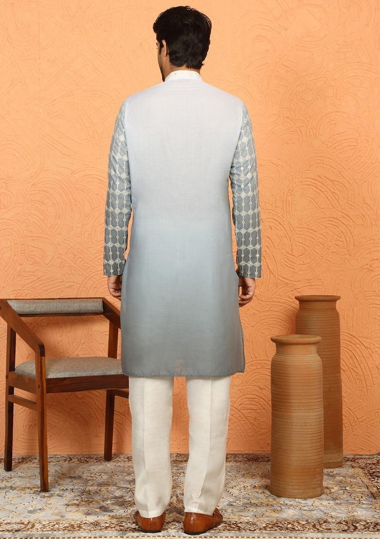 Green Embroidered Cotton Kurta Set For Men - Indya