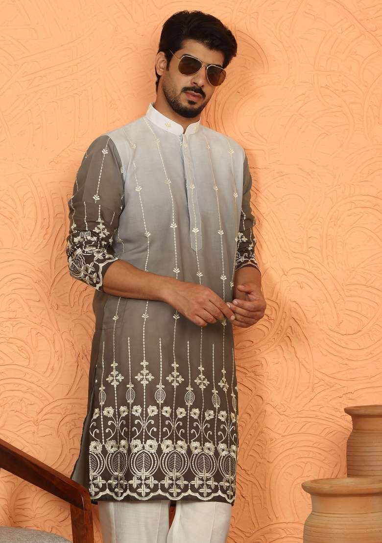Brown Embroidered Cotton Kurta Set For Men - Indya
