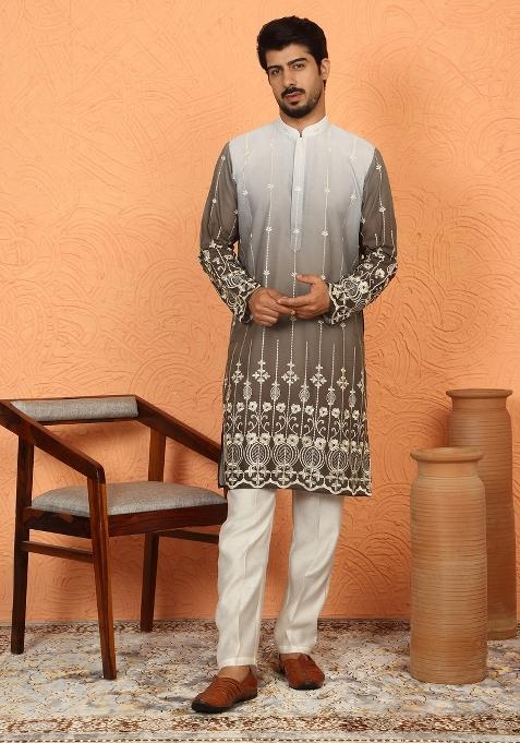 Brown Embroidered Cotton Kurta Set For Men