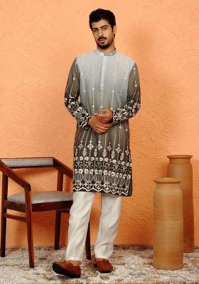 Green Embroidered Cotton Kurta Set For Men