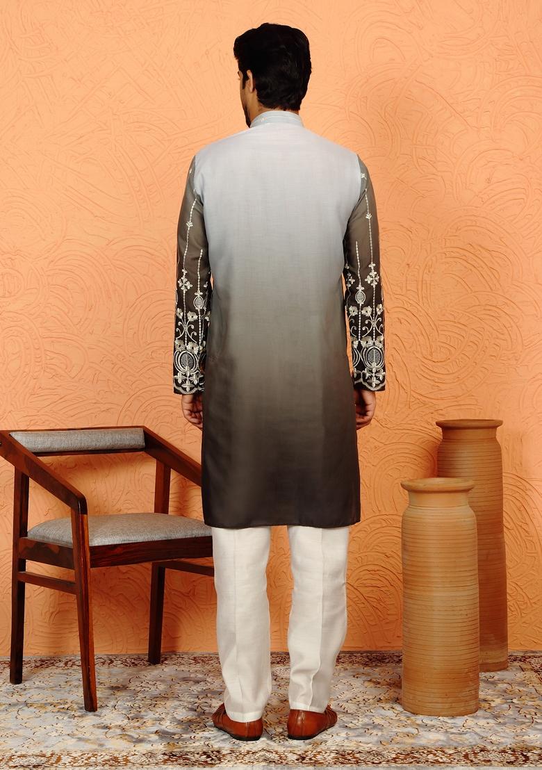 Green Embroidered Cotton Kurta Set For Men - Indya