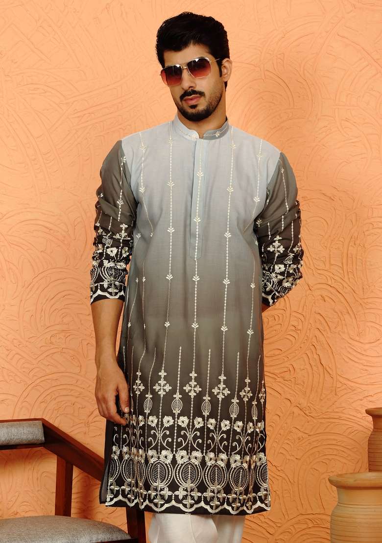 Green Embroidered Cotton Kurta Set For Men - Indya