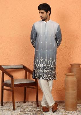 Grey Embroidered Cotton Kurta Set For Men