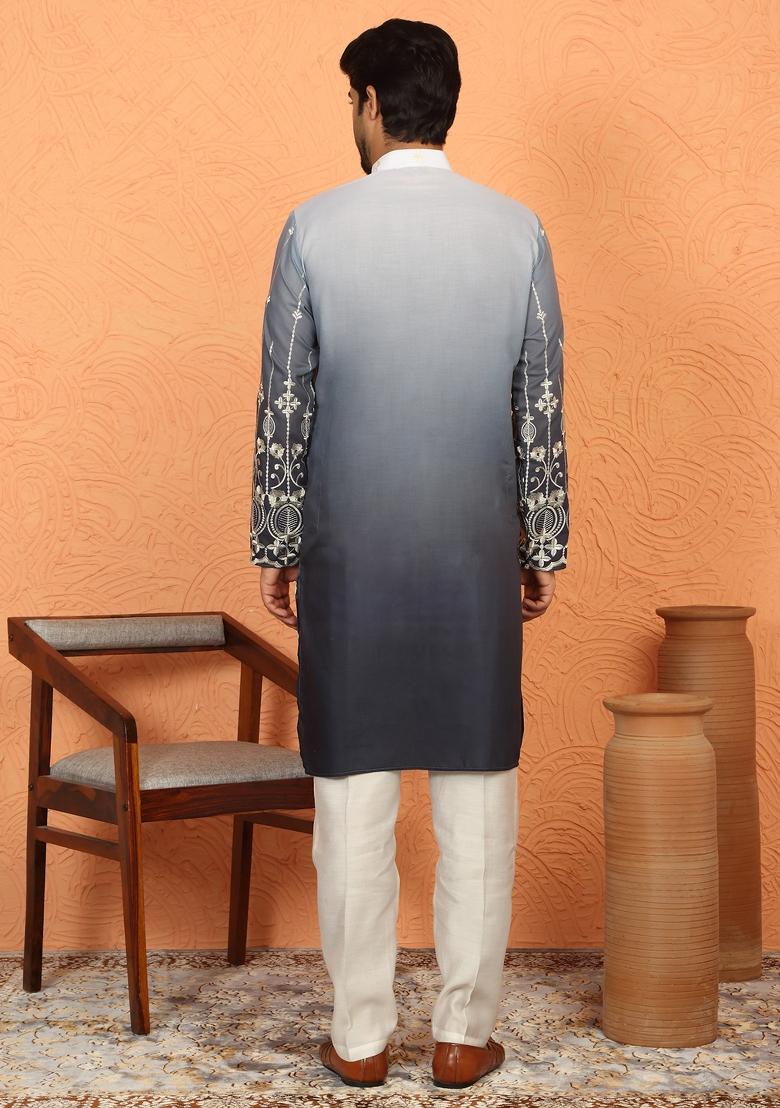 Grey Embroidered Cotton Kurta Set For Men - Indya
