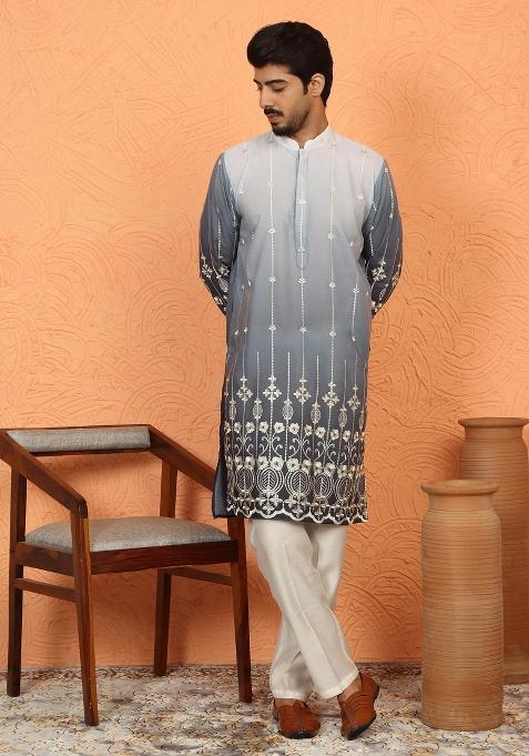 Grey Embroidered Cotton Kurta Set For Men