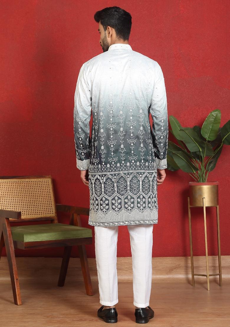Grey Embroidered Cotton Kurta Set For Men - Indya