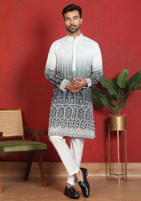 Grey Embroidered Cotton Kurta Set For Men