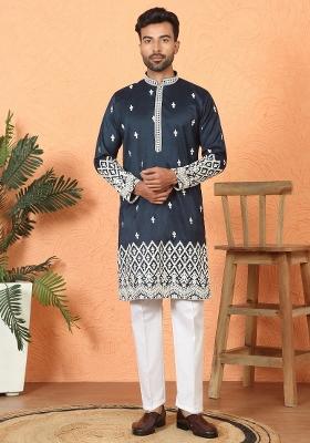 Navy Blue Embroidered Silk Blend Kurta Set For Men