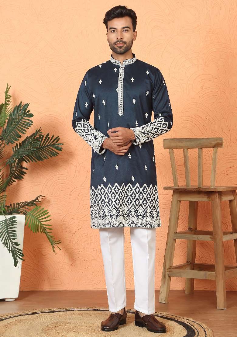 Navy Blue Embroidered Silk Blend Kurta Set For Men - Indya