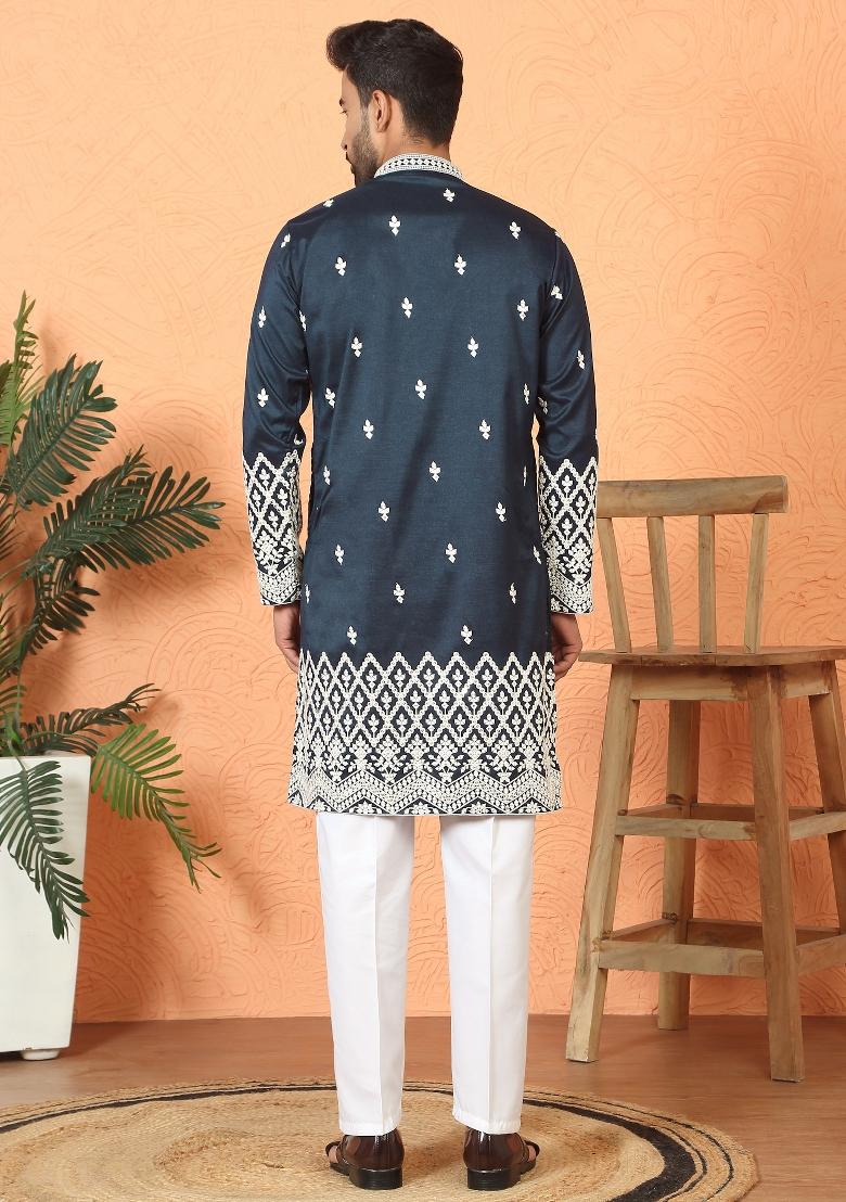 Navy Blue Embroidered Silk Blend Kurta Set For Men - Indya