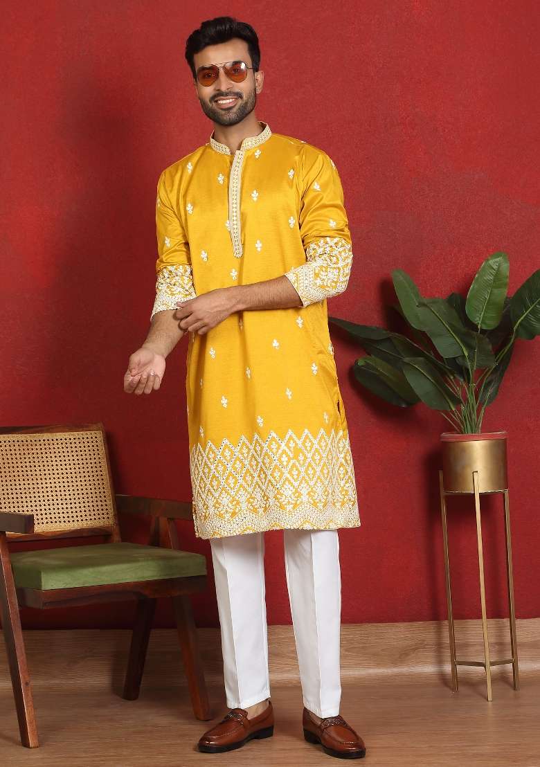Yellow Embroidered Silk Blend Kurta Set For Men - Indya